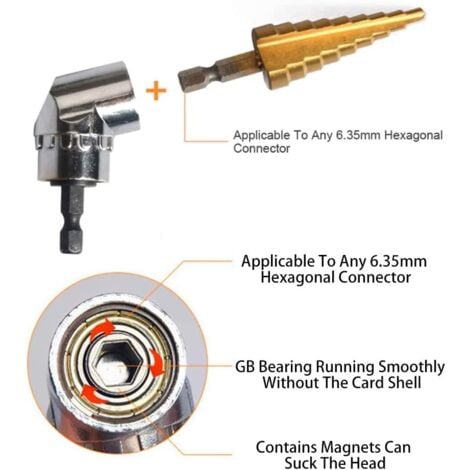 1pc Foret à Angle Droit et 3pcs Adaptateur Douille 1/2"3/8"1/4" Kit Renvoi d'angle Visseuse de 105 Degrés Magnétique Changement Rapide Perceuse Electrique Acce,AAFGVC