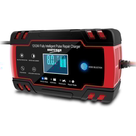 Chargeur,Chargeur de batterie de voiture, chargeur de batterie de voiture 8A 12V / 24V, chargeur de batterie de voiture entièrement automatique chargeur avec protection multiple-Rouge noir