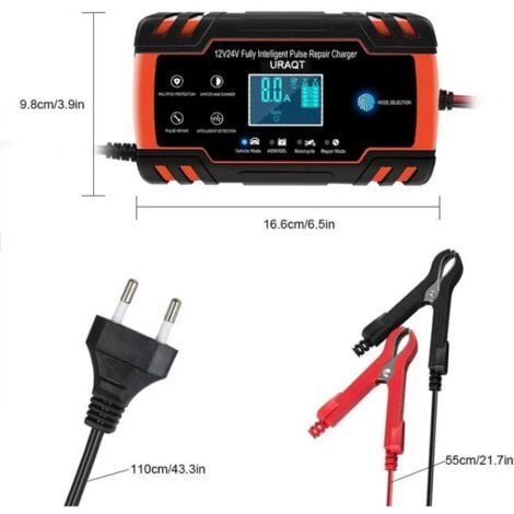Chargeur,Chargeur de batterie de voiture, chargeur de batterie de voiture 8A 12V / 24V, chargeur de batterie de voiture entièrement automatique chargeur avec protection multiple-Rouge noir