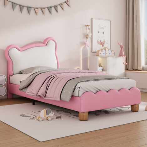 Lit simple 90x200cm, lit enfant, lit jeune, lit rembourré avec tête de lit ours douillet, sommier à lattes en bois, PU, rose