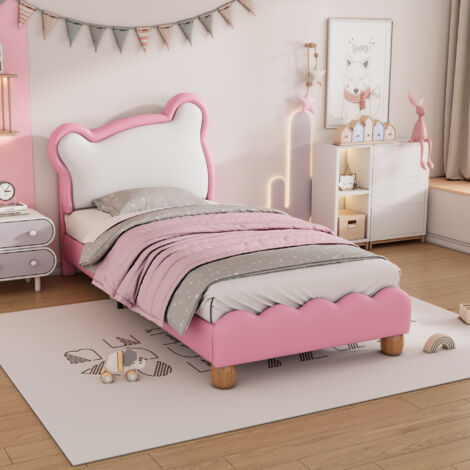 Lit simple 90x200cm, lit enfant, lit jeune, lit rembourré avec tête de lit ours douillet, sommier à lattes en bois, PU, rose