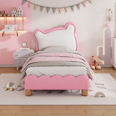 Lit simple 90x200cm, lit enfant, lit jeune, lit rembourré avec tête de lit ours douillet, sommier à lattes en bois, PU, rose
