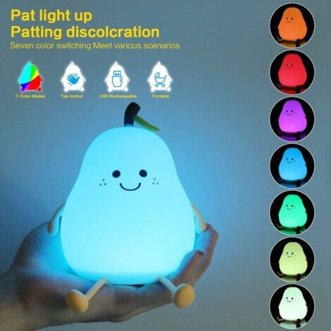Veilleuse,Forme Poire Créative Veilleuse Enfant, 7 Couleurs Lumière LED Veilleuse Enfant avec Fonction Minuterie, Rechargeable Avec de USB, Lampe de Chevet Veilleuse