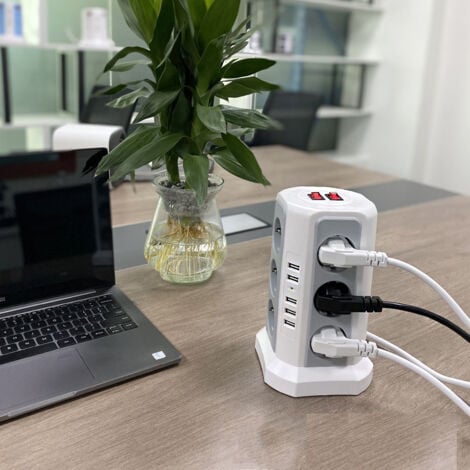 Tour multiprise parafoudre et surtension, Multiprise Electrique avec 5 Ports USB et 12 Prises, multiprise avec et 3 Interrupteurs, Blanc