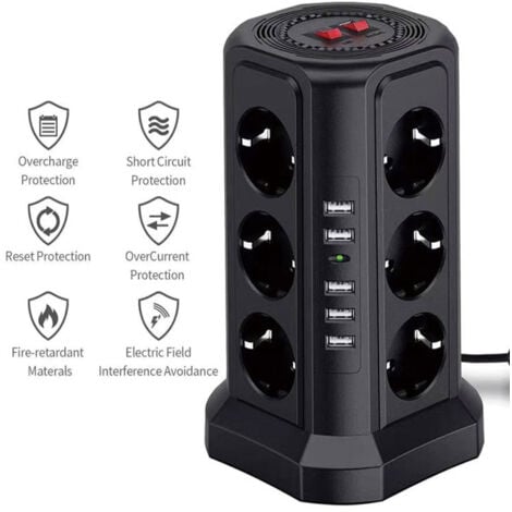 Tour multiprise parafoudre et surtension, Multiprise Electrique avec 5 Ports USB et 12 Prises, multiprise avec et 3 Interrupteurs, Blanc