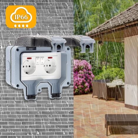 Prise Exterieure Etanche IP66 Double Prise de Courant et Volet de Protection Multiprise Electrique Murale de Jardin, Prise Anti-Poussière et Coupe-Vent avec Interrupteur, Voyant Lumineux - RWAutre acc
