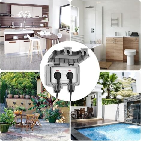 Prise Exterieure Etanche IP66 Double Prise de Courant et Volet de Protection Multiprise Electrique Murale de Jardin, Prise Anti-Poussière et Coupe-Vent avec Interrupteur, Voyant Lumineux - RWAutre acc