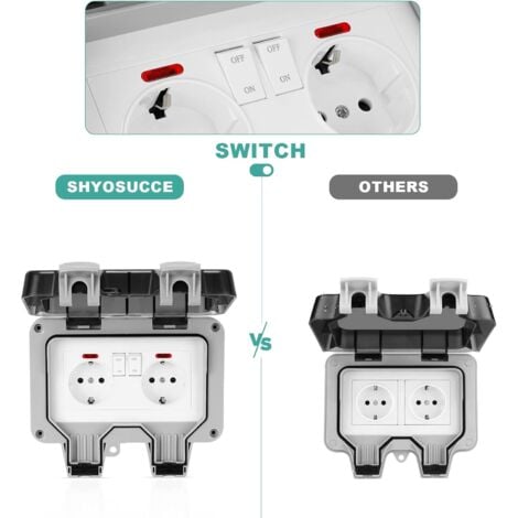 Prise Exterieure Etanche IP66 Double Prise de Courant et Volet de Protection Multiprise Electrique Murale de Jardin, Prise Anti-Poussière et Coupe-Vent avec Interrupteur, Voyant Lumineux - RWAutre acc