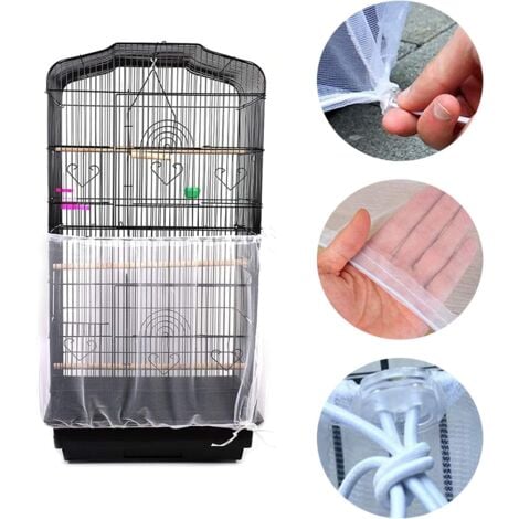 Housse Cage Oiseau, Nylon en Filet de Protection pour Cage Oiseaux Lavable, Housses Anti Graine pour Cages à Oiseaux, Attrape Graine (Blanc) XL (taille 35cm - circonférence 150-200cm)