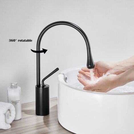 Mitigeur de Lavabo Créatif Noir Robinet Vasque à Poser Rotatif 360° Bec Haut Robinet Salle de Bain en Laiton