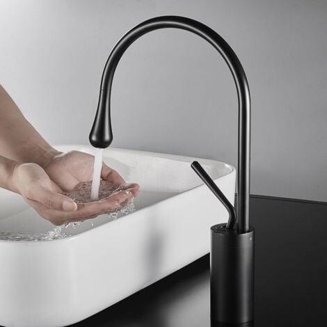 Mitigeur de Lavabo Créatif Noir Robinet Vasque à Poser Rotatif 360° Bec Haut Robinet Salle de Bain en Laiton