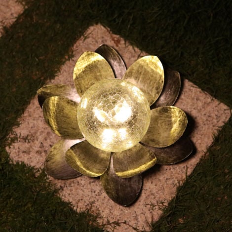 Lampes Solaires Extérieures De Jardin, Décoration De Lotus En Verre De Sphère Craquelée Ambre, Lumières De Fleur LED En Métal Imperméable Pour Patio Pelouse Passerelle Table Sol