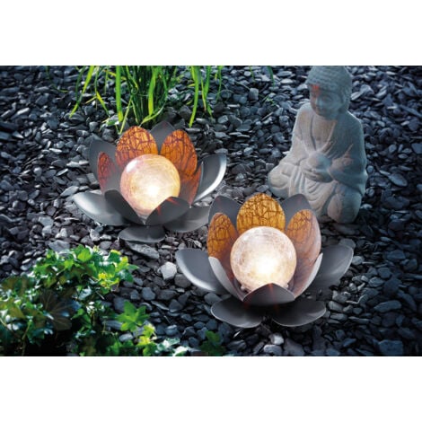 Lampes Solaires Extérieures De Jardin, Décoration De Lotus En Verre De Sphère Craquelée Ambre, Lumières De Fleur LED En Métal Imperméable Pour Patio Pelouse Passerelle Table Sol