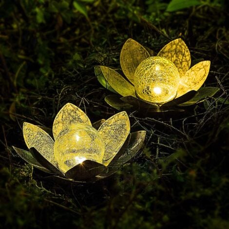 Lampes Solaires Extérieures De Jardin, Décoration De Lotus En Verre De Sphère Craquelée Ambre, Lumières De Fleur LED En Métal Imperméable Pour Patio Pelouse Passerelle Table Sol