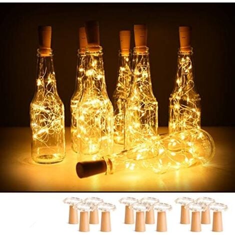 Lot de 10 guirlandes lumineuses pour bouteille de vin avec bouchon en liège, 2 m, 20 LED fonctionnant à piles, fil de cuivre pour bricolage,  décoration de mariage, lumière blanche chaude Bouteille no