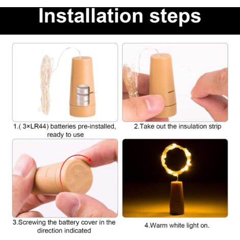 Lot de 10 guirlandes lumineuses pour bouteille de vin avec bouchon en liège, 2 m, 20 LED fonctionnant à piles, fil de cuivre pour bricolage,  décoration de mariage, lumière blanche chaude Bouteille no