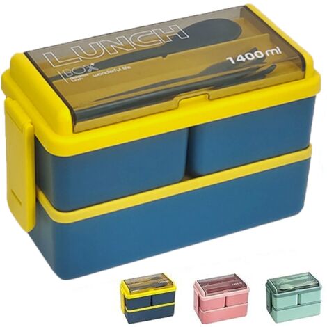 Boîte à Repas Adulte 1400 Ml – 3 Compartiments, Avec Couverts, Sans BPA, Micro-ondable (noir)