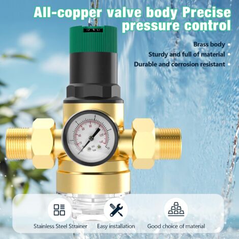 Réducteur De Pression D'eau DN20 3/4" Avec Manomètre - Laiton - Fabriqué En UE - Pour Installation Fixe