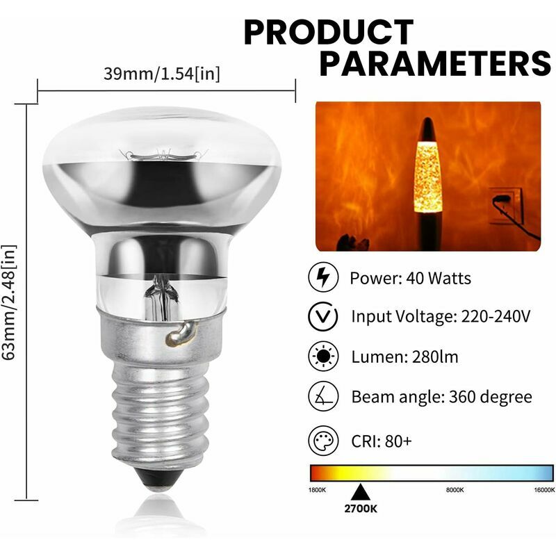 Ampoule E14 R39 25W pour Lampe de Lave, Dimmable, Blanc Chaud