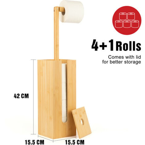 Rainsworth Porte Papier Toilette sur Pied 3-en-1 avec Brosse WC, pour 4  Rouleaux de Papier, Support en Bois, HBT 71,6 x 15,5 x 15,5cm, Distributeur  de Papier Toilette en Bambou : 