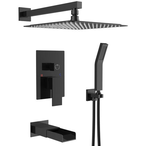 Colonne de Douche Encastrée avec Tête de Douche Carrée Murale 30 x 30 cm, Pomme de Douche en Acier Inoxydable et Robinetterie de Baignoire, Noir , Rainsworth (1/5)