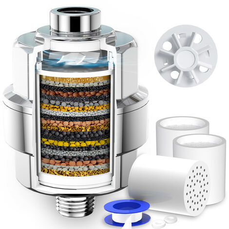 Filtre à eau anti calcaire et anti tartre 20 étapes – Système de filtration avancé – 3 cartouches incluses – Compatible avec pomme de douche G1/2''