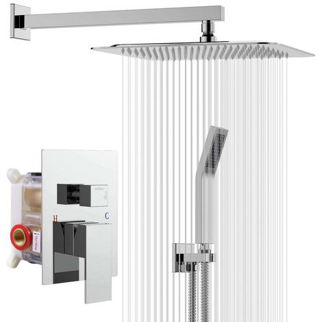 Colonne de douche encastrée avec tête carrée 25 x 25 cm – Acier inoxydable chromé – Douche à effet pluie – Montage mural