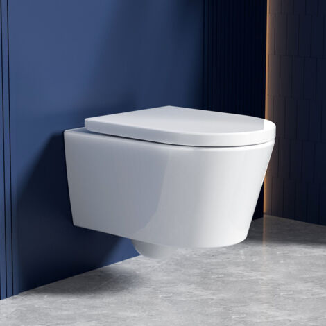 WC suspendu sans bordure de vidange – Chasse d'eau silencieuse – Mécanisme SoftClose – Cuvette hygiénique – Longueur 48 cm