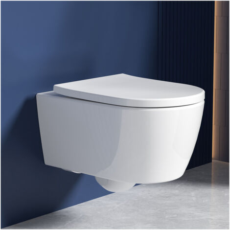 WC suspendu sans bordure de vidange – Chasse d'eau silencieuse 360° – Mécanisme SoftClose – Cuvette blanche 53 cm – Installation facile (1/5)