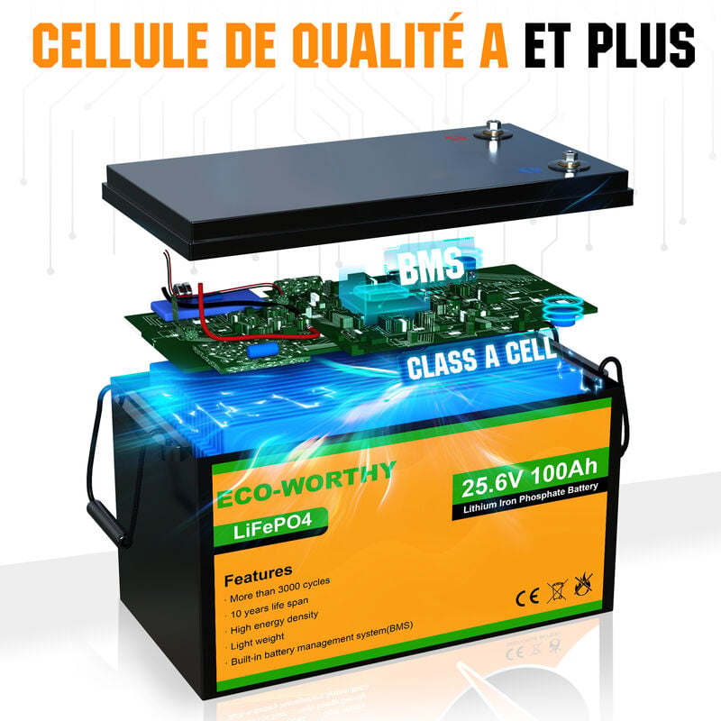 ECO-WORTHY 24V 100Ah Batterie 24V LiFePO4 Rechargeable au lithium