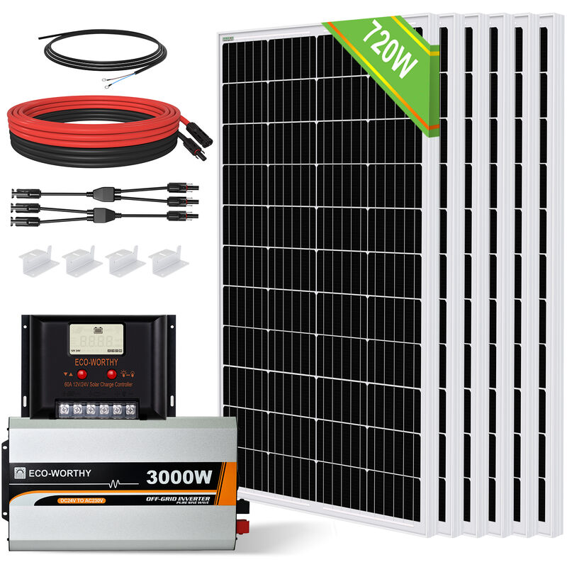 ECO-WORTHY Système Panneau Solaire 720W 24V avec Onduleur pour Camping-car  Hors Réseau: 6 Panneaux Solaires 120W+Régulateur de Charge 60A+Onduleur  Solaire 3000W DC 24V AC 230V : : Commerce, Industrie et Science