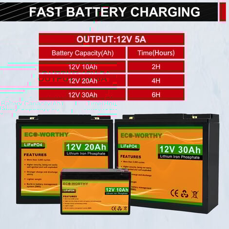 ECO-WORTHY Support de chargeur de batterie 5A 12V pour moto de voiture de batterie au plomb LiFePO4