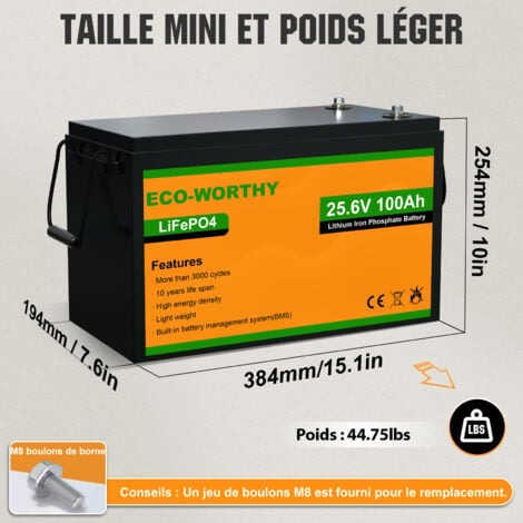ECO-WORTHY 24V 100Ah Batterie 24V LiFePO4 Rechargeable au lithium avec  3000+ cycles profonds et