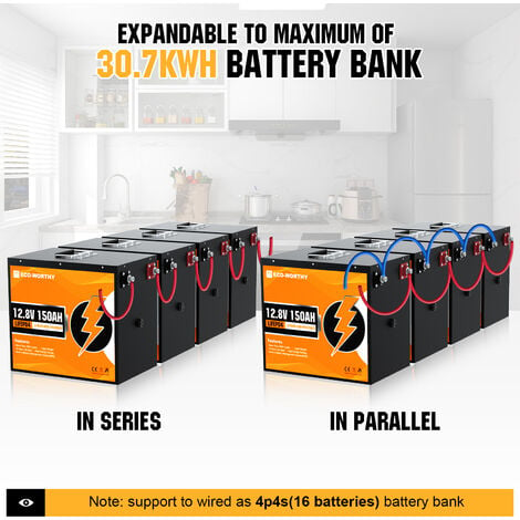 ECO-WORTHY 12V 150Ah Batterie LiFePO4 Rechargeable au lithium avec 3000+  cycles profonds et protection