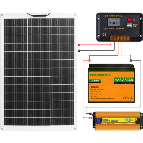 ECO-WORTHY Kit complet de panneau solaire 480W 12V avec Onduleur hors  reseau 1100W 12V et