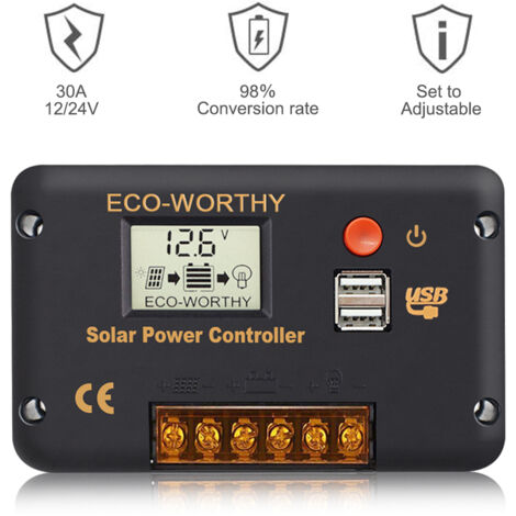 Eco-Worthy – Régulateur solaire 30A 12V/24V – Gestion de charge PWM – Écran LCD – 2 ports USB – Protection contre surcharge et court-circuit