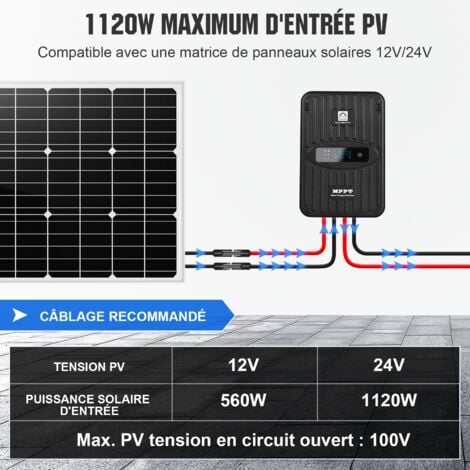 ECO-WORTHY 12V/24V 40A MPPT Contrôleur de chargeur avec affichage OLED pour batteries SLA/GEL/LI/FLD,protection intelligente de charge multiple des modules,entrée PV 1120W maximum pour RV/home/farm.