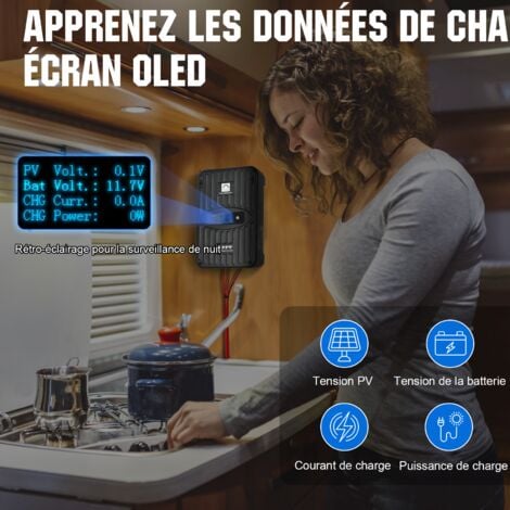 ECO-WORTHY 12V/24V 40A MPPT Contrôleur de chargeur avec affichage OLED pour batteries SLA/GEL/LI/FLD,protection intelligente de charge multiple des modules,entrée PV 1120W maximum pour RV/home/farm.