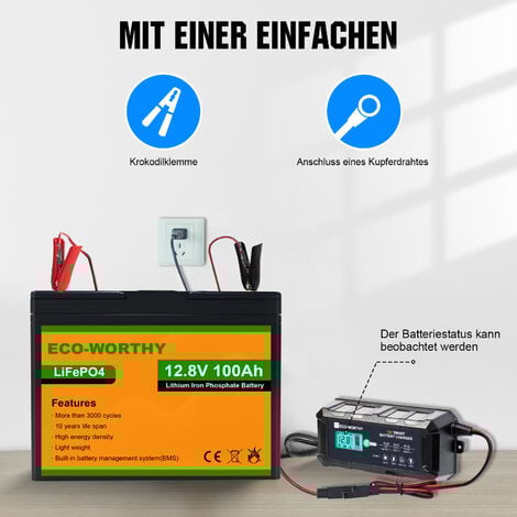 ECO-WORTHY Batterie Lithium 12V 100AH LiFePO4 + 10A 12V chargeur de batterie