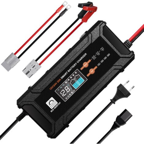ECO-WORTHY 12V/24V 20A Chargeur de batterie, chargeur de batterie intelligent automatique pour batterie lithium LiFePo4 12V/24V