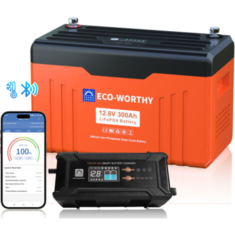 Eco-Worthy – Batterie lithium 12V 300Ah LiFePO4 Bluetooth – Chargeur 12V 20A / 24V 10A – Protection haute/basse température – Pour systèmes solaires (1/5)