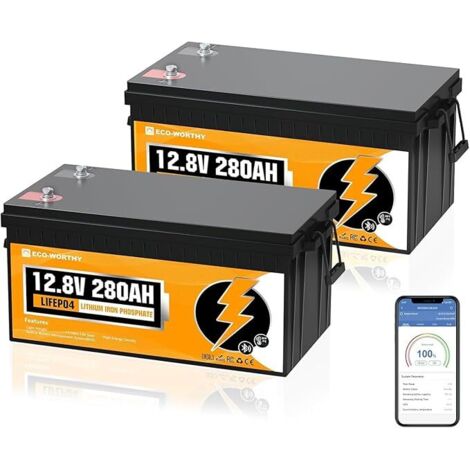 ECO-WORTHY Batterie Lithium 12V 280Ah x 2 Bluetooth LiFePO4 Rechargeable Avec Cycle Profond 6000+ Fois Et Protection BMS Remplace La Batterie Lithium 200Ah 300Ah,pour camping-car