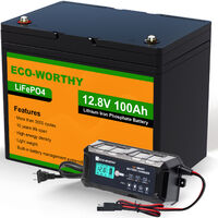 Eco-Worthy – Batterie lithium 12V 100Ah LiFePO4 – 10A chargeur inclus – BMS intégré – 3000 cycles – Compatible camping-cars et panneaux solaires