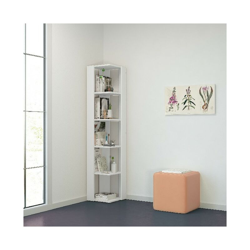 Libreria Seth - Mobile Arredo, Salvaspazio - Scaffale, Porta Libri, Mensola  - Angolare, Ripiani - Salotto, Soggiorno, Camera, Ufficio - Bianco in Truciolare  Melaminico, 34 x 34 x 161 cm