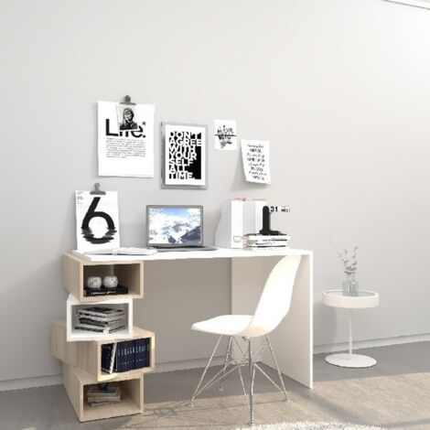 Scrivania Damon, Truciolare Melaminico, Bianco, Sonoma, 120x60x75 cm