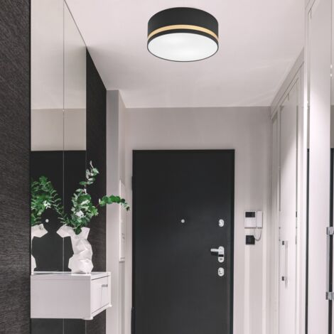 Lampada a soffitto Chazy, lampada a soffitto rotonda in plastica/tessuto in bianco/nero/oro, 2 luci, 2 x attacco E27, design retro/vintage, senza lampadina/e