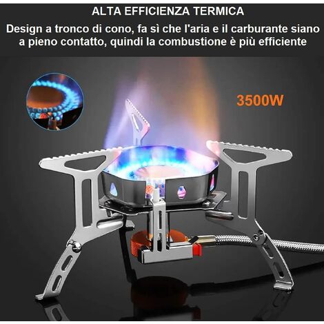 Fornello da Campeggio Mini Stufa Compatto Fornellino Antivento Gas  Pieghevole in Acciaio Accensione Piezoelettrica (3500 WATT)