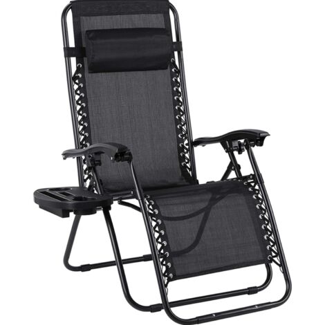 LIFERUN Klappdeckstuhl mit verstellbarem Kopfkissen und Rückenlehne, entspannende Liege für das Mittagessen mit Beizertisch und Becherhalter, ergonomisch und atmungsaktiv, schwarz (1/5)