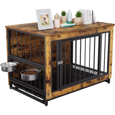 LIFERUN Hundekäfig für Zuhause, Holz Hundebox, 93x64x58cm, Hundehütte mit 2 Hundenäpfe und Tür, Hundehaus für Drinnen mit Abnehmbares Tablett, Hundebox für Mittelgroße Kleine Hunde bis zu 40kg, Holzfa