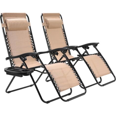 LIFERUN 2-teiliges Sonnenliege Set, klappbar Liegestuhl mit verstellbarem Kopfpolster & Rückenlehne, Relaxliege für Mittagspause mit Getränkehalter, ergonomisch und atmungsaktiv, Beige (1/5)